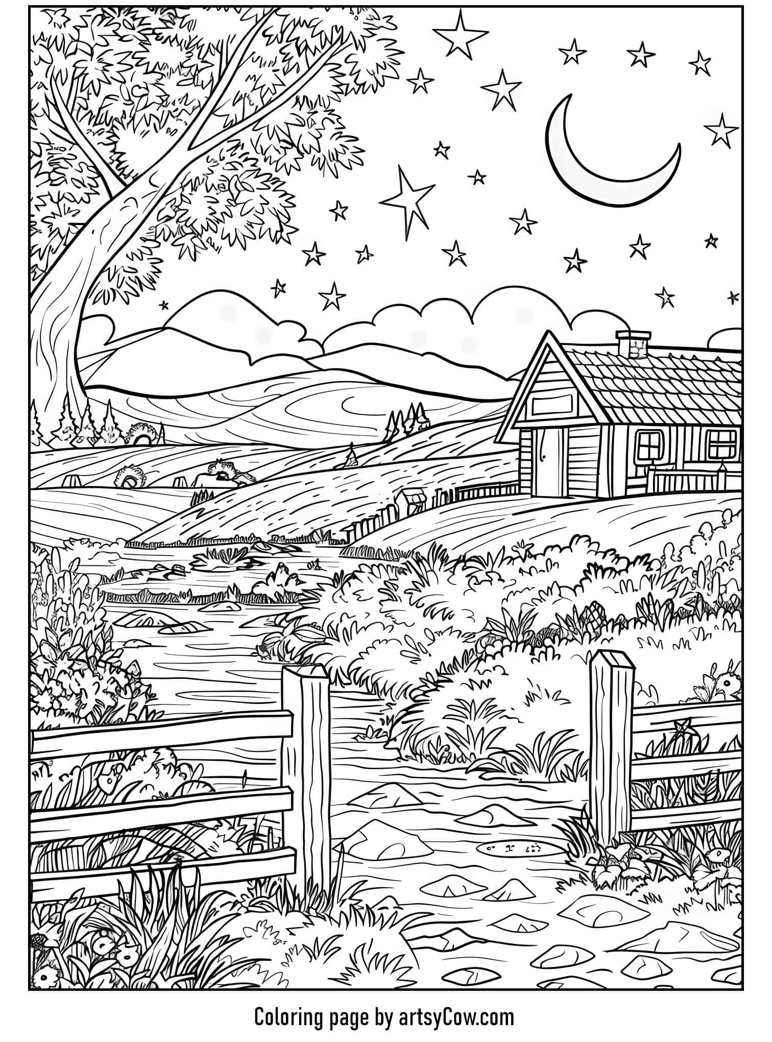 a rustic house, forest, and stream under a star-filled night sky